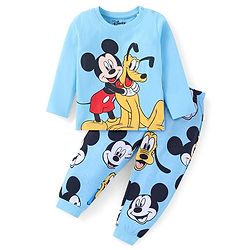 Babyhug Disney Single Jersey Knit Full Sleeves Night Suit With Mickey Mouse Graphics - Light Blue