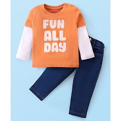 Babyhug Single Jersey Knit Full Doctor Sleeves T-Shirt & Denim Pant Set with Text Print - Orange