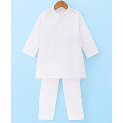 Babyhug Cotton Woven Full Sleeves Schiffli Kurta Pyjama Set - White