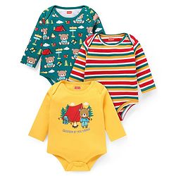 Babyhug 100% Cotton Knit Full Sleeves Onesies with Striped & Bear Print Pack of 3  - Yellow Dark Green & Red