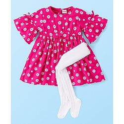 Babyhug Viscose Woven Half Sleeves Frock with Legging Floral Print & Bow Applique - Dark Pink