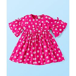 Babyhug Viscose Woven Half Sleeves Frock with Legging Floral Print & Bow Applique - Dark Pink