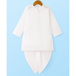 Babyhug Cotton Woven Schiffli Full Sleeves Embroidered Kurta Dhoti Set - White