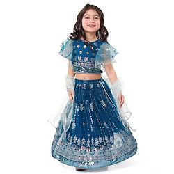Babyhug Woven Flutter Sleeves Choli Lehenga & Dupatta Set with Sequin Embroidery - Teal