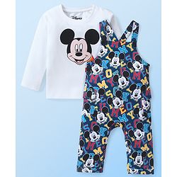 Babyhug Disney Single Jersey Knit Full Sleeves Mickey Mouse Printed Dungaree & T-Shirt - Navy Blue & White