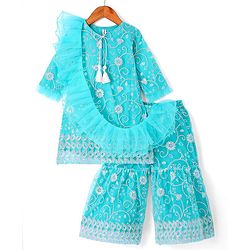 Babyhug Woven Three Fourth Sleeves  Net Sequined Embroidered Kurti Gharara Set with Frilled Dupatta - Aqua Blue