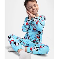 Babyhug Disney Single Jersey Knit Full Sleeves Night Suit With Mickey Mouse Graphics - Light Blue