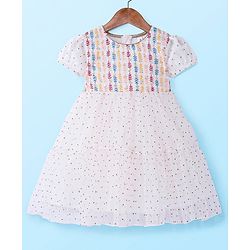 Babyhug Woven Short Sleeves Net Sequin Embroidered Ethnic Dress - White