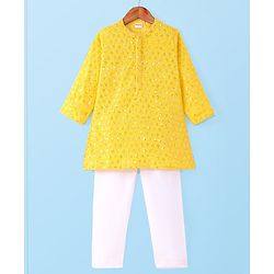 Babyhug Woven Full Sleeves Kurta Pyjama Set with Floral Sequin Embroidery - Yellow