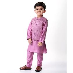 Babyhug Woven Full Sleeves Solid Kurta Pyjama Set With Sequins Embroidered Jacket - Mauve