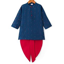 Babyhug Woven Full Sleeves Kurta Dhoti Set with Floral Embroidery - Teal Blue & Red