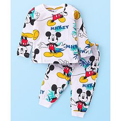 Babyhug Disney Single Jersey Knit Full Sleeves Night Suits With Mickey Mouse Graphics - White
