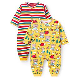 Babyhug 100% Cotton Knit Full Sleeves Striped & Bear Printed Front Open  Rompers Pack of 2 - Yellow & Red