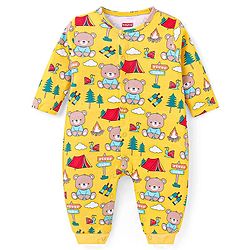 Babyhug 100% Cotton Knit Full Sleeves Striped & Bear Printed Front Open  Rompers Pack of 2 - Yellow & Red