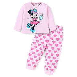 Babyhug Disney Cotton Knit Full Sleeves Night Suit With Minnie Mouse Graphics & Hearts Print - Light Pink
