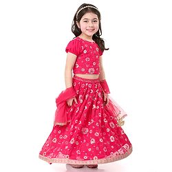 Babyhug Woven Short Sleeves Georgette Sequin Embroidered Choli Lehenga & Dupatta Set - Hot Pink