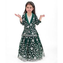 Babyhug Woven Three Fourth Sleeves  Floral & Sequined Embroidered Choli Lehenga Set with Jacket - Green