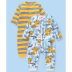 Babyhug 100% Cotton Full Sleeves Romper Cub Print Pack of 2- Yellow & Blue