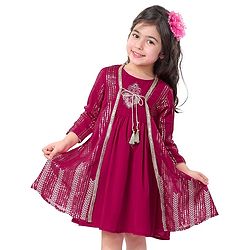 Babyhug Woven Sleeveless Ethnic Dress with Full Sleeves Embroidered & Sequined Border Jacket - Fuchsia