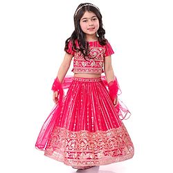 Babyhug Woven Half Sleeves Sequinned & Floral Embroidered Choli With Lehenga and Net Dupatta - Magenta