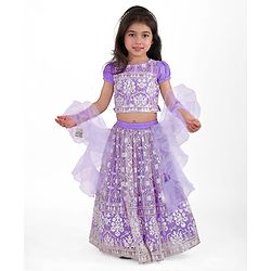 Babyhug Woven Half Puff Sleeves Floral Sequinned & Embroidered Choli With Lehenga and Frill Net Dupatta - Lavender