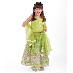 Babyhug Woven  Sleeveless Net Embroidered Choli Lehenga & Dupatta Set - Lime Green