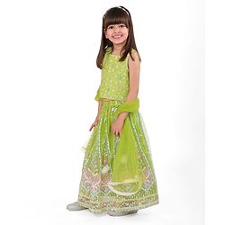 Babyhug Woven  Sleeveless Net Embroidered Choli Lehenga & Dupatta Set - Lime Green