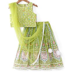 Babyhug Woven  Sleeveless Net Embroidered Choli Lehenga & Dupatta Set - Lime Green