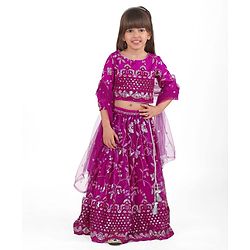 Babyhug Woven Full Sleeves Floral Sequinned & Embroidered Choli With Lehenga and Dupatta - Purple