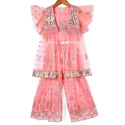 Babyhug Woven Sleeveless Sequined & Embroidered Top Gharara & Frill Detailing Jacket Set - Pink