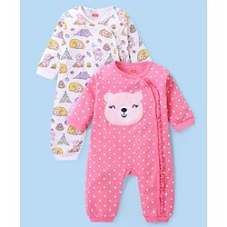 Babyhug 100% Cotton Knit Full Sleeves Rompers with Polka Dots & Bear Print Pack of 2 - Pink & White