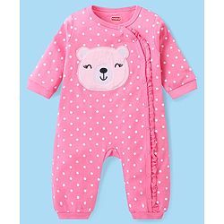 Babyhug 100% Cotton Knit Full Sleeves Rompers with Polka Dots & Bear Print Pack of 2 - Pink & White