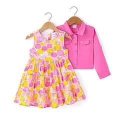 Babyhug Cotton Woven Polka Dots Printed Tiered  Frock with Full Sleeves Denim Jacket  - Dark Pink