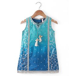 Babyhug Woven Sleeveless Floral & Sequin Embroidered Kurti Palazzo Set with Dupatta - Teal Blue