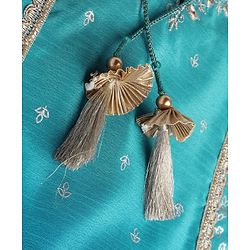 Babyhug Woven Sleeveless Floral & Sequin Embroidered Kurti Palazzo Set with Dupatta - Teal Blue