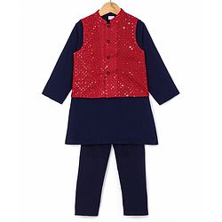 Babyhug Woven Full Sleeves Solid Colour Kurta Pyjama Set with Sequined Embroidered Nehru Jacket - Navy Blue