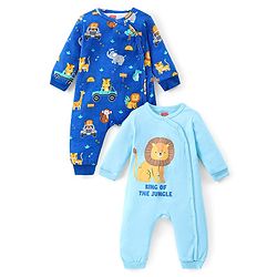 Babyhug 100% Cotton Knit Full Sleeves Front Open  Rompers with Animal Print Pack of 2 - Blue & Sky