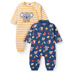 Babyhug 100% Cotton Knit Full Sleeves Striped & Animal Printed Romper Pack of 2 - Orange & Navy Blue