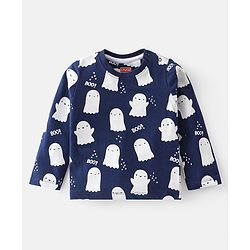 Babyhug Cotton Knit Full Sleeves Night Suit with Ghost & Text Print - Navy Blue