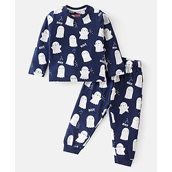 Babyhug Cotton Knit Full Sleeves Night Suit with Ghost & Text Print - Navy Blue