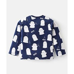Babyhug Cotton Knit Full Sleeves Night Suit with Ghost & Text Print - Navy Blue