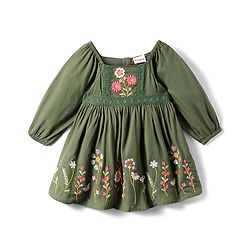 Babyhug Cotton Knit Full Peasant Sleeves Floral Printed Frock with Lace Detailing - Dark Green