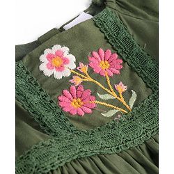 Babyhug Cotton Knit Full Peasant Sleeves Floral Printed Frock with Lace Detailing - Dark Green