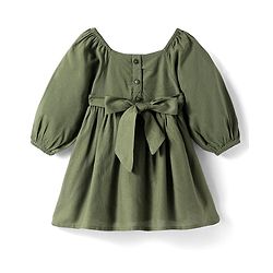 Babyhug Cotton Knit Full Peasant Sleeves Floral Printed Frock with Lace Detailing - Dark Green
