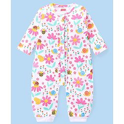 Babyhug 100% Cotton Interlock Knit Full Sleeves Romper Floral Print Pack of 2 - Pink & White
