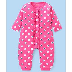 Babyhug 100% Cotton Interlock Knit Full Sleeves Romper Floral Print Pack of 2 - Pink & White