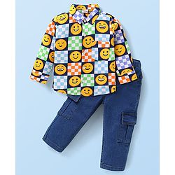 Babyhug Cotton Woven Full Sleeves Smiley Printed Shirt & Solid Denim Jeans Set - Multicolor & Blue