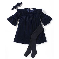 Babyhug Woven Full Sleeves Solid Colour Frock with Stockings & Head Band - Navy Blue