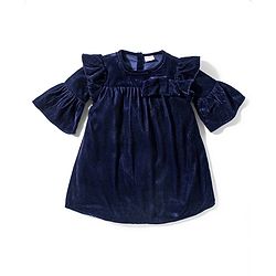 Babyhug Woven Full Sleeves Solid Colour Frock with Stockings & Head Band - Navy Blue