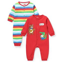 Babyhug 100% Cotton Knit Full Sleeves Rompers with Striped & Bear Print Pack of 2 - Red Green & White